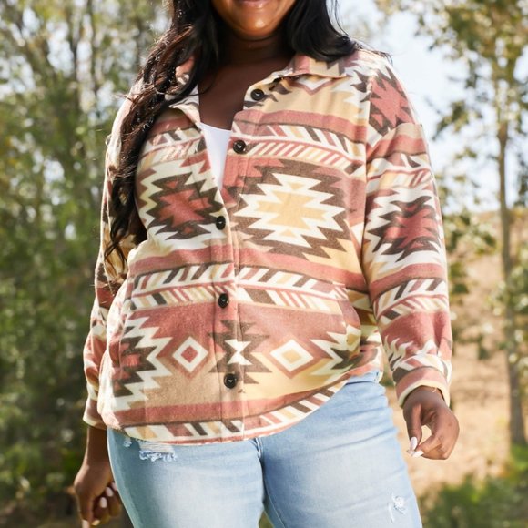 Zenana Outfitters Jackets & Blazers - Zenana Firelit Night Full Size Brushed Geometric Print Shacket